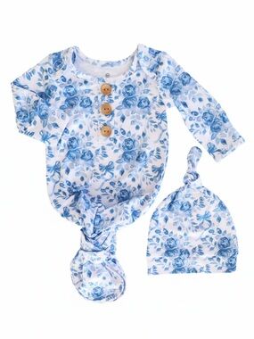 Caden Lane Betsy's Blooms Floral Knotted Baby Gown & Hat Set